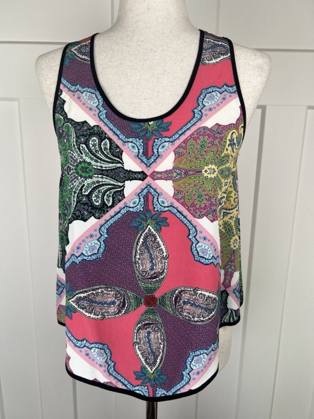 Yumi Kim Silk Tank Top S Open Back Paisley Print Multicolor Sleeveless Blouse